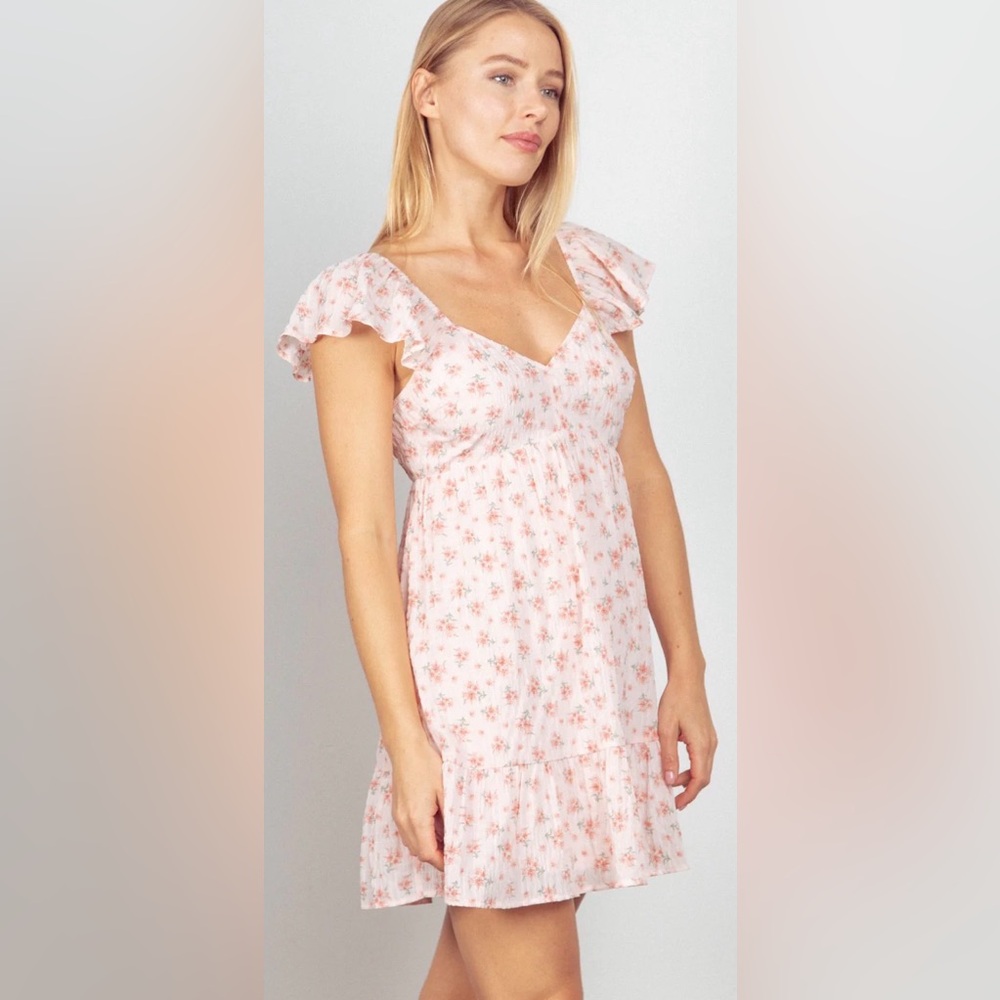 NWT Very J XL Floral Sweetheart Mini Dress Open Back Tie Ruffle Sleeve - Picture 2 of 4